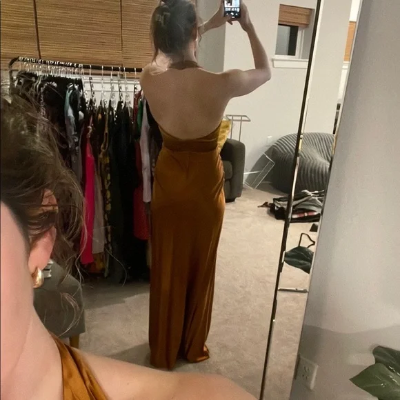 Reformation Bronze Backless Satin Dress